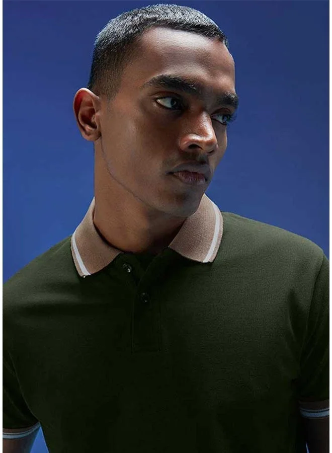 Veirdo Veirdo Pure Cotton Regular Fit Olive Half Sleeve Polo T-Shirt For Men